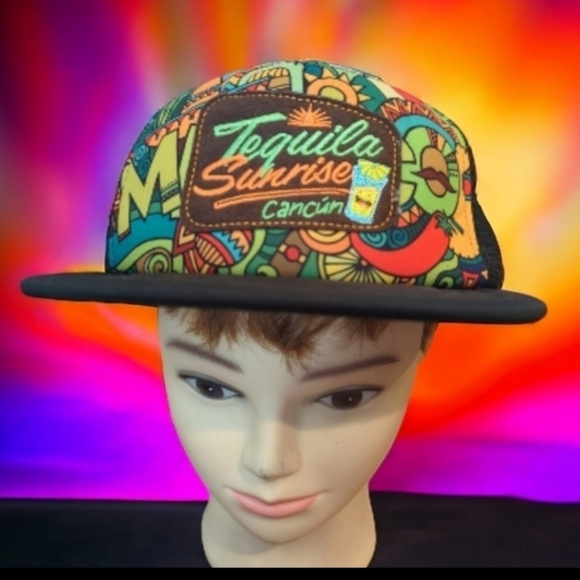 Tequila Sunrise Cancun vibrant colorful snap back mesh 6 panel baseball cap hat - Picture 1 of 8
